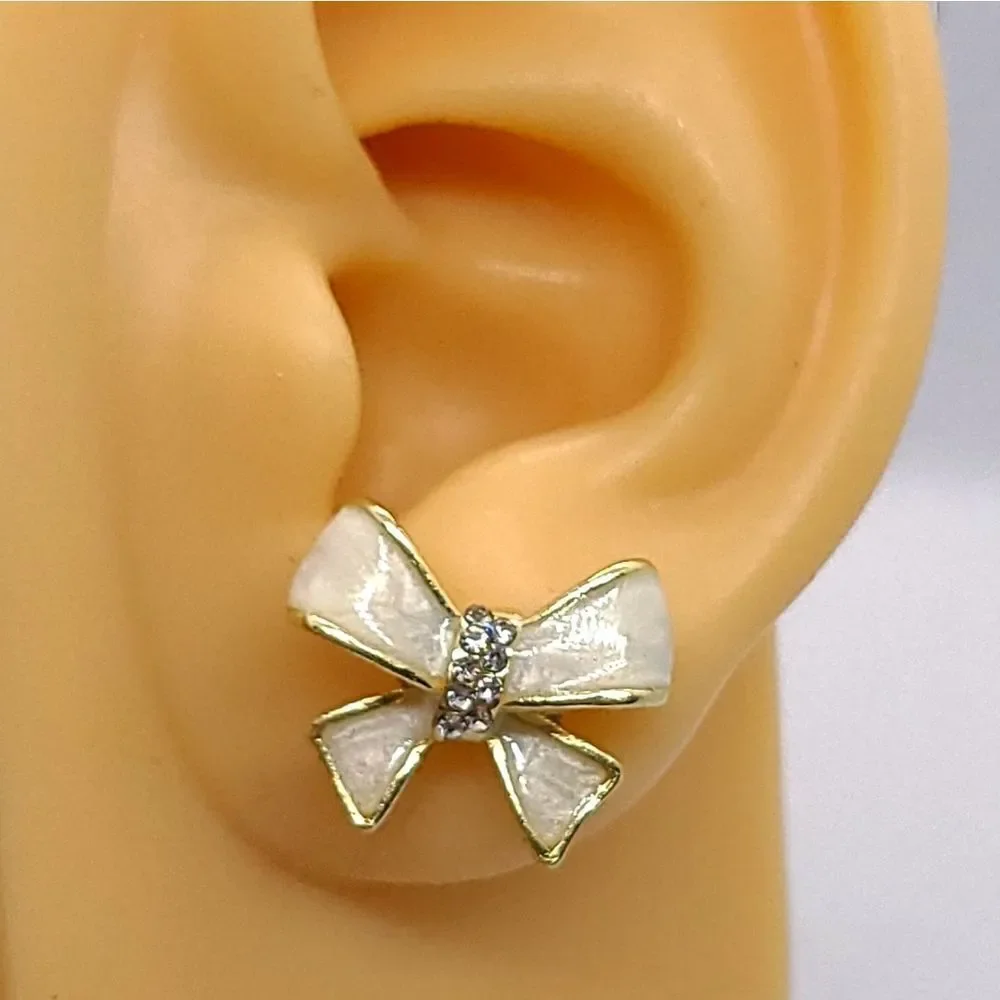 Ivory Bow Stud Earrings Gold Rhinestone Ribbon Elegant Coquette Jewelry
